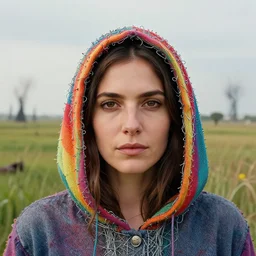 closeup portrait of a woman with a hood made of wire and rainbows, standing in a fertile apocalyptic landscape, by Annie Leibovitz and Steve McCurry, natural light, detailed face, CANON Eos C300, ƒ1.8, 35mm, 8K, medium-format print