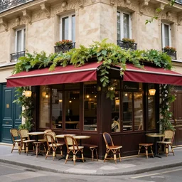 a quiet cafe on the corner of a street in Paris in the style of The Jungle Book