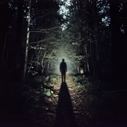 1 9 8 0 s vintage photo of creepy figure shadow in the distance in the woods, lomochrome