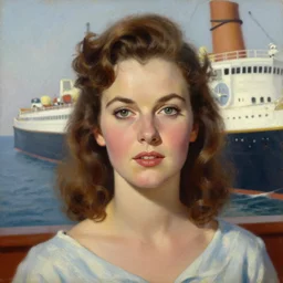 portrait of a woman!! looking at the camera! brown hair!!!, eyes open!!, god rays! on a 1950s! ocean liner!! by norman rockwell, oil paint