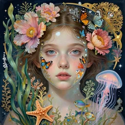 hyperrealistic detailed portrait of a young girl with a glass face, with flowers, butterflies, corals, sea kelp, sea plants, fish, starfish, jellyfish, diamonds, filaments, golden filigree, neon lights, art by ernst haeckel, john william godward, hammershøi, alphons mucha, pontormo, ornamental, decorative, lights by hopper, pastel deep colours,