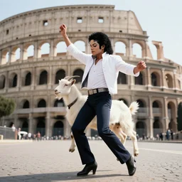 goat tap dancing with michael jackson in the colosseum, realistic, clean, detailed