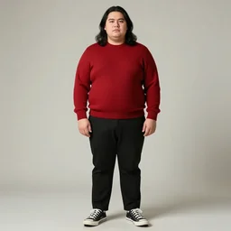 Chubby clean-shaven white male in his 30's with plump face and long black hair, wearing a red wool sweater, black dress pants, and black and white chuck taylor tennis shoes