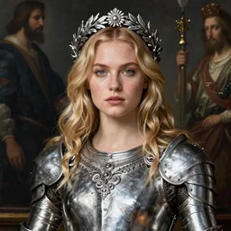 beautiful rugged kat dennings, blonde hair, wearing silver armour, ornate silver wreath, oil painting by titian, hard focus, masterpiece