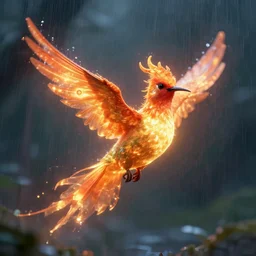 a glowing magical flaming hummingbird phoenix cries in the rain digital art