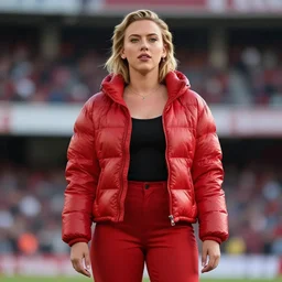 Scarlett Johansson, wearing a red puffer jacket and red pants, standing in a stadium, perfect eyes, white light shining on her