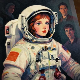 ( ( dither ) ), editorial illustration portrait of a young astronaut girl, colorful modern art deco, mads berg, karolis strautniekas, christopher balaskas, stippled light, moody, fine texture, dramatic lighting, dynamic composition, detailed, matte print, dynamic perspective, muted color, lomography, ( ( risograph ) )