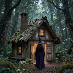 witch in a magical forest a cabin with a chimney 8k