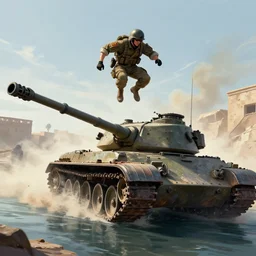 a soldier jumping on a tank in noshahr canals in battlefield 3, amazing detail, fan art, digital illustration