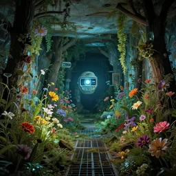urbex by jeanne gang, retro retrowave biopunk made of glass nightvision dramatic lighting reclaimed by nature flowers, archdaily, wallpaper, highly detailed, trending on artstation.