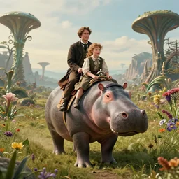 film still from a sci fi blockbuster movie made in 2022, set in 1860, of a family riding on the back of alien hippos, on an alien planet, across an alien landscape that is full of strange wild alien plants and flowers, the family are wearing 1850s era clothes, cinematic lighting, 8k, in focus faces, good quality lighting, good quality photography