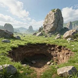 landscape, a giant hole in the ground, photorealistic cinematic concept art, overgrown stones and grass fields bright day, fantasy, giant rocks, rocky hills, clouds - n 9