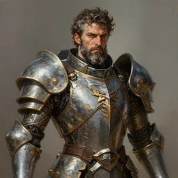 medium-length portrait of a male paladin with short curly hair and a greying beard, olive skin, a grim expression and tired eyes, wears a suit of power armor, magitech!, gundam, medieval setting, highly detailed, digital painting, artstation, concept art, sharp focus, illustration, art by greg rutkowski and alphonse mucha