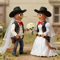 two worms dressed as cowboys, getting married, Victorian era, 4K