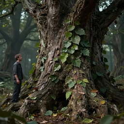 fissured the giant's trunk fusing a parallel being : the living leaves unmade themselves, highly detailed, cinematic lighting, ricardo bofill maciej kuciara, dramatic lighting, medium shot, ground angle, uhd 8 k, shallow depth of field