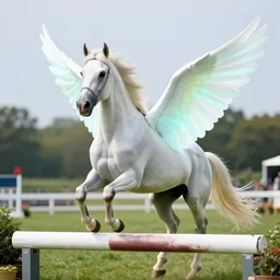 a winged appaloosa horse is flapping its wings at a steeplechase event. the wings are luminescent white, very very smooth, very very large and unfurled. professional high quality, fantasy, photorealism, dof, bokeh