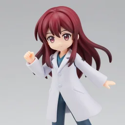complete figure of kurisu makise from steins gate wearing a comfy labcoat, dark red hair, personification, eyes of nendoroid, tareme eyes, eyes by kon satoshi, pvc figure, dynamic pose, amiami, aniplex, kotobukiya, detailed product photo, beautiful composition, 8 5 mm, f 1. 8