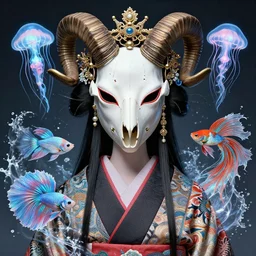 goddess portrait with mask and crown made of ram skull. beautiful intricately detailed japanese crow kitsune mask and clasical japanese kimono. betta fish, jellyfish phoenix, bioluminescent, plasma, ice, water, wind, creature, super intricate ornaments artwork by tooth wu and wlop and beeple and greg rutkowski