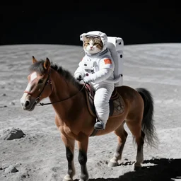 a cat in an astronaut suit riding a horse on moon\'s surface