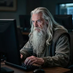 gandalf intensely focused playing video games, photo by annie leibovitz