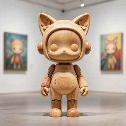 8 k octan, advertising, highly detailed, photo, a totally wooden figurine collectible art toys wooden on feet, very cute cyborg zen with and flowers cat ears, cyberpunk a contemporary art gallery, symetrical, masterpiece, nofinito, design