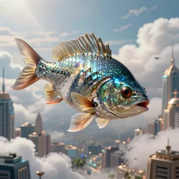 hyperrealistic very detailed cyborg fish swimming through puffy clouds above dystopian city matte painting concept art salvador dali alex grey cinematic soft glow lighting high angle hd 8k sharp shallow depth of field