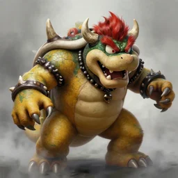 concept art of bowser with huge horns and scales and talons, resident evil, horror, occult, terror, mist, volumetric render, digital painting, detailed painting