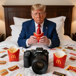 Donald Trump in a bed covered in McDonalds, Canon EOS R3, f/1.4, ISO 200, 1/160s, 8K, RAW, unedited, symmetrical balance, in-frame