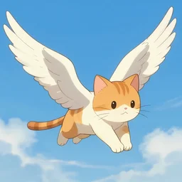 cat with bird wings taking flight. Style of anime digital art trending at artstation