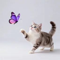 a photo of a cute kitty cat chasing a butterfly with purple and pink and sparkles, professional, wide angle