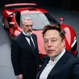 elon musk taking a selfie with nikola tesla in front of a futuristic red sports car, hyper - realistic, photorealistic, sharp focus, depth of field, insanely detailed, in color, dramatic