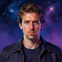 a portrait of a disgruntled man in front of the camera, beeple and james jean, aya takano color style, 8 k, super detailed, night sky, digital art, digital painting, celestial, majestic, colorful, front