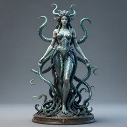 photo of the beautiful gorgon medusa standing on dais by greg rutkowski and min guen, trending on artstation, ultrarealistic, photorealistic, 8 k render, octane render, unreal render
