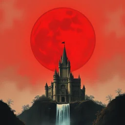 a painting of a dreadful red sun over a castle with a waterfall in front of it. digital painting, vertical, intricate, beautiful, detailed, grunge, sharp focus, abstract art by el lissitzky and artgerm and kandinsky, trending on artstation. gradient darker to bottom
