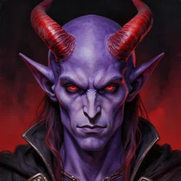 detailed, symmetrical, close - up, airbrush art portrait of a male level 1 tiefling d & d bard | he has purple skin and red horns | background is black and red