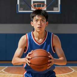 portrait of a boy at a basketball court playing basketball wearing a basketball jersey in a basketball court standing near the basketball hoop, intense emotion, detailed facial expression, detailed surroundings, intricate, elegant, highly detailed, centered, digital painting, artstation, concept art, smooth, sharp focus, illustration, by (Peter Mohrbacher), WLOP