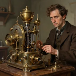 A random pointless contraption ((steampunk)) industrial appliance pneumatic machine with no apparent purpose, being operated by a scholarly looking man with a clear directed gaze, artwork by Petros Afshar