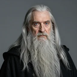 portrait of 8 0 - year - old man, with blue eyes, very long silver hair, and very long silver beard, dumbledore, wearing in black cloak, hyper realistic face, beautiful eyes, fantasy art, in the style of greg rutkowski, intricate, alphonse mucha, hyper detailed, smooth