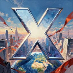 an epic comic book style painting of the uppercase letter x towering over the world, the letter x, giant font, lettering, future tokyo cityscape with ribbons, banners and ribbons, masterpiece, octane render, extreme details, trending on artstation, dynamic lighting