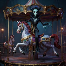 a dark fantasy  side view of a evil circus coloured carousel horse, tim burton, world of warcraft, league of legends