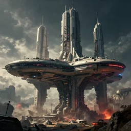 a brutalist futuristic scifi spacestation city on stilts, high dynamic range, ilm, beeple, star citizen halo, mass effect, bladerunner, Elysium, Stephane martiniere