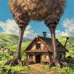 Tavern on Emu Legs, giant scaly Emu legs wearing a tavern, Howl's Moving Castle, by Alex Horley