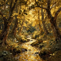 a stream, bright as a ribbon of gold, babbles, as a breeze rustles the branches of the surrounding trees. the glade is bathed in an otherworldly golden light, and you feel as if you might step out of this place and into the realm of the gods. by edgar maxence and caravaggio and michael whelan and delacroix style, artistic, intricate painting, cinematic lighting, hyper realistic, extremely detailed, establishing shot, 8 k resolution, dramatic lighting