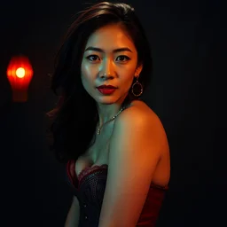 middle age beautiful asian female, kodak portra, wide angle, lens distortion, high contrast, cinecolor, infrared, soft lighting, posing in corsets, dark studio in the background