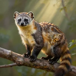 A painting of a genet perched on a branch, beautiful lighting, high quality, god rays, featured on ArtStation, 4k, 8k