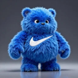 nike fluffy mascot made of very fluffy blue faux fur placed on reflective surface, professional advertising, overhead lighting, heavy detail, realistic by nate vanhook, mark miner