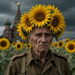 old soldiers head being overgrown by sunflowers on Krim, Moscow in background, dark, eerie, despair, portrait photography, artstation, digital art, adward winning, concept art, artstation, highly detailed, sharp focus, by caravaggio