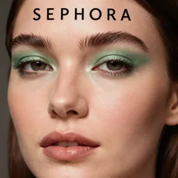 photo of beautiful model with green eye shadow, beauty campaign, sephora, pat mcgrath, bobbi brown, photoshoot, closeup, real life skin, sharp focus