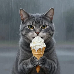 beautiful digital painting dark gray tabby cat with_dripping ice cream cone in the rain by Jeremiah Ketner