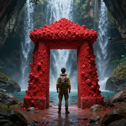 an explorer lookup up at a epic doorway made of red popcorn, deep underground waterfalls, beautiful matte painting, ultra detailed, 8 k render